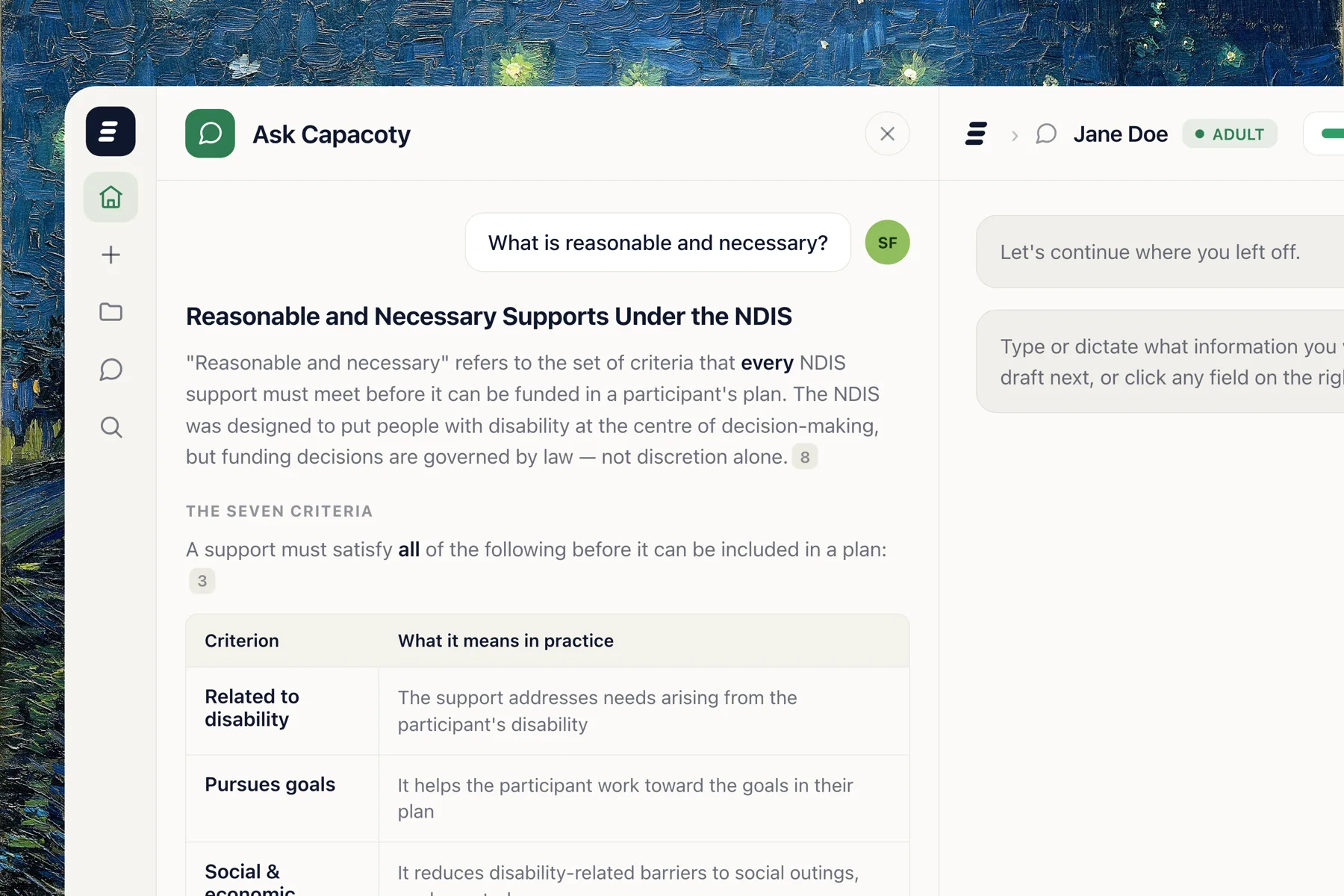 Ask Capacoty answering an NDIS question with cited sources