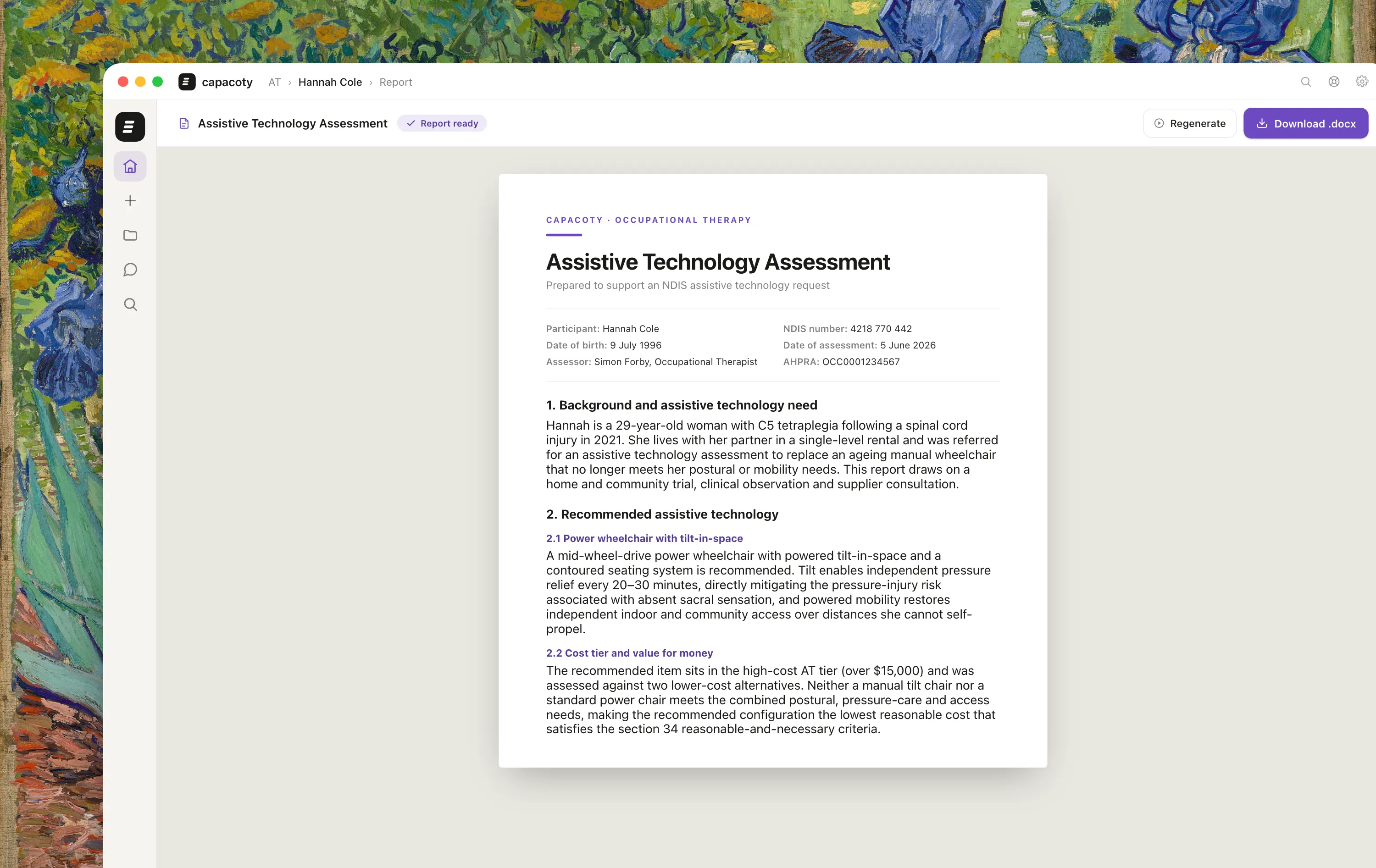 A finished Capacoty Assistive Technology report ready to download as an editable Word document