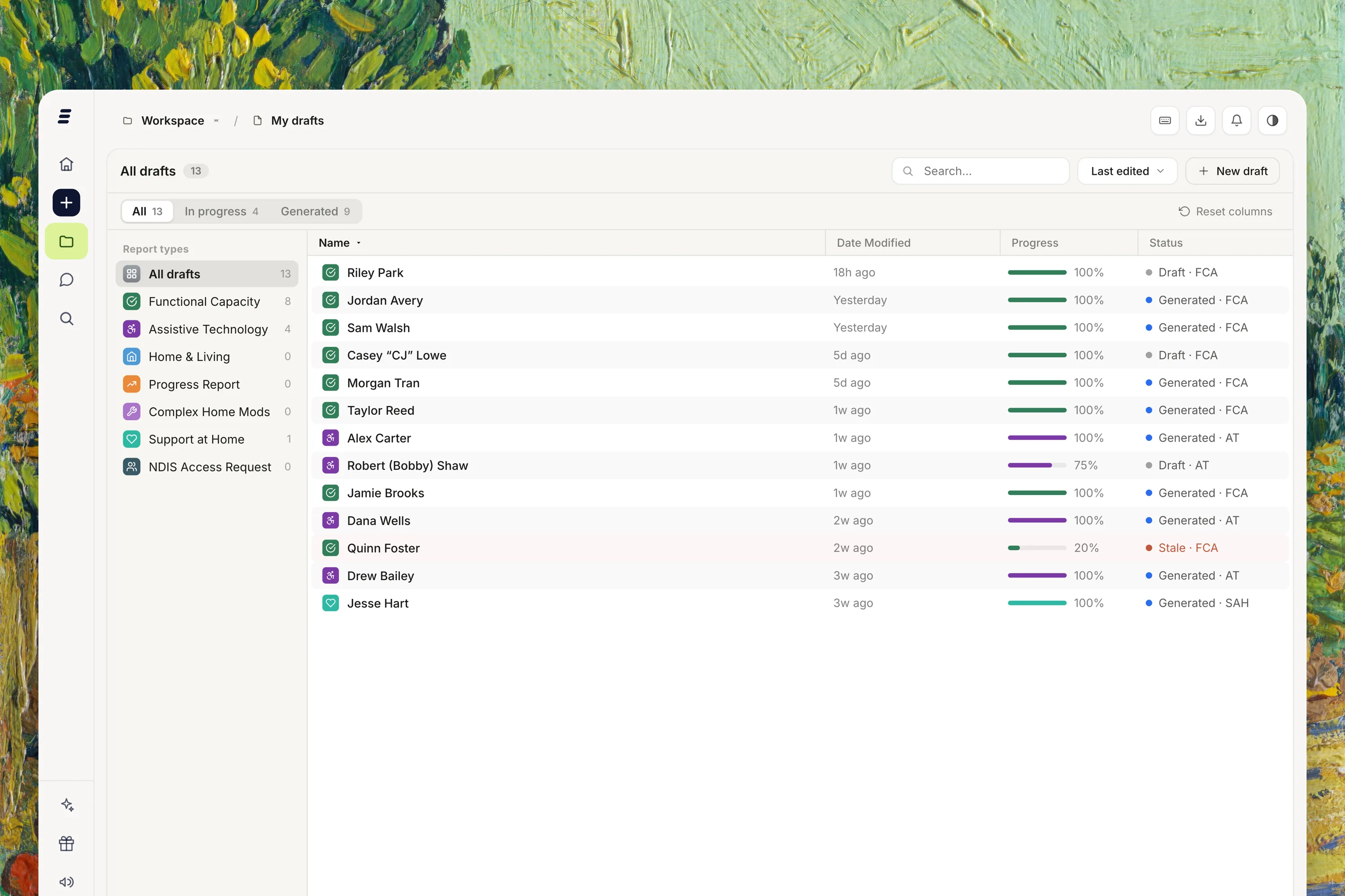 The Capacoty workspace listing every draft across FCA, AT and Support at Home with progress and status