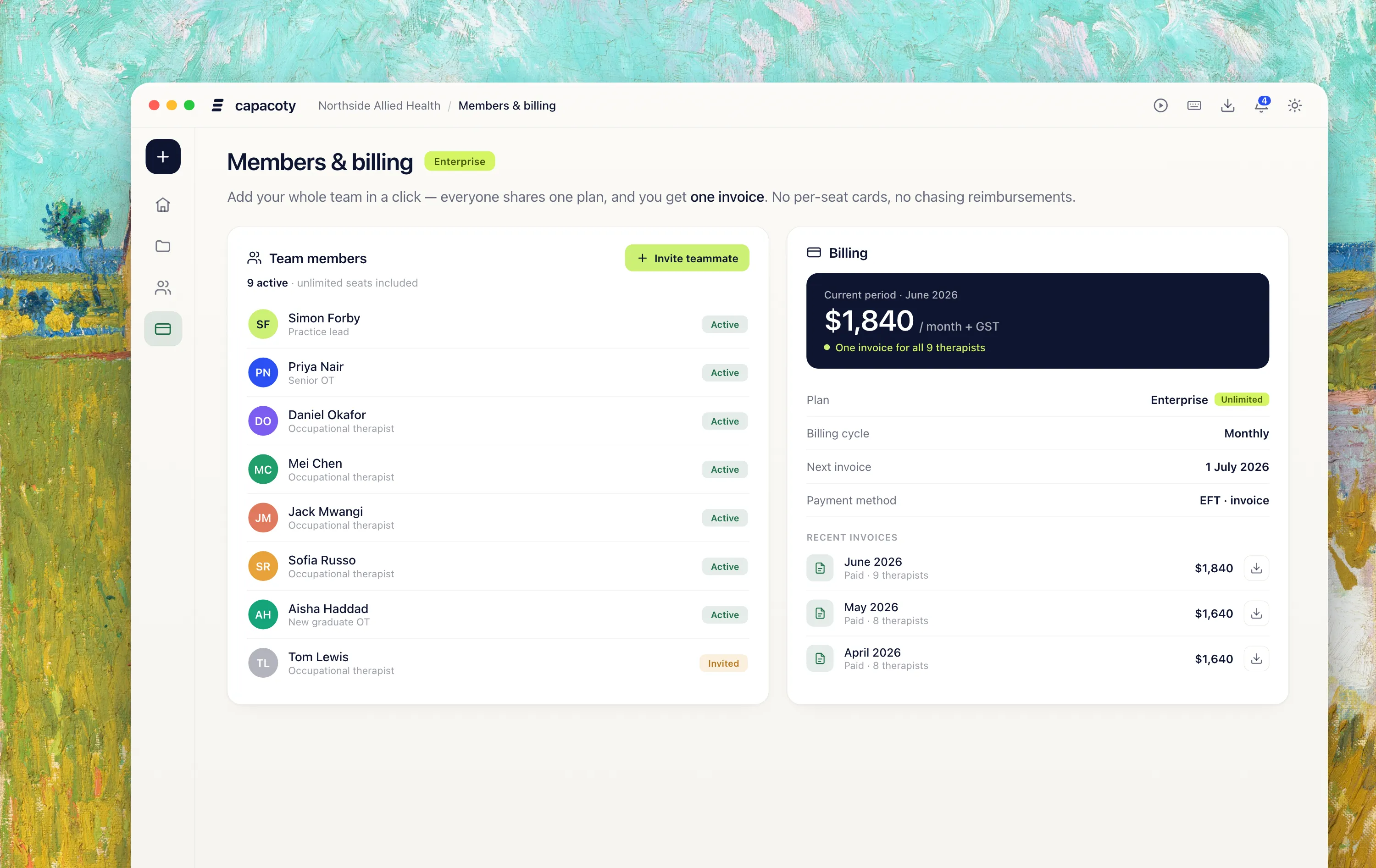 Capacoty's members and billing screen: a team member list with unlimited seats and a single consolidated monthly invoice for the whole practice