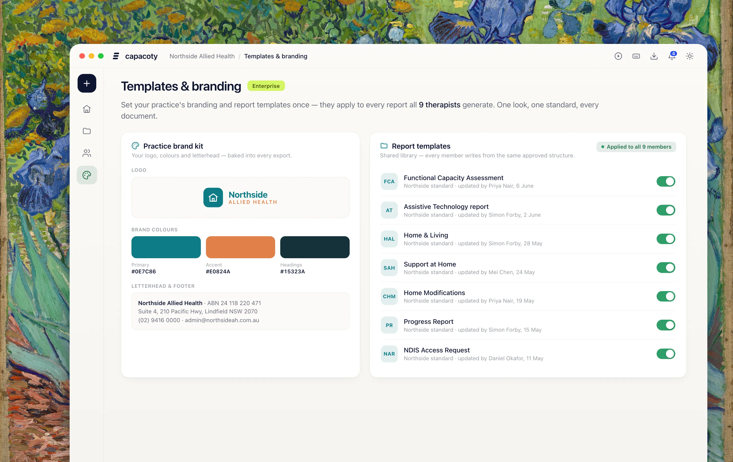 Capacoty's templates and branding screen: a practice brand kit with logo and colours alongside a shared report template library applied to all team members