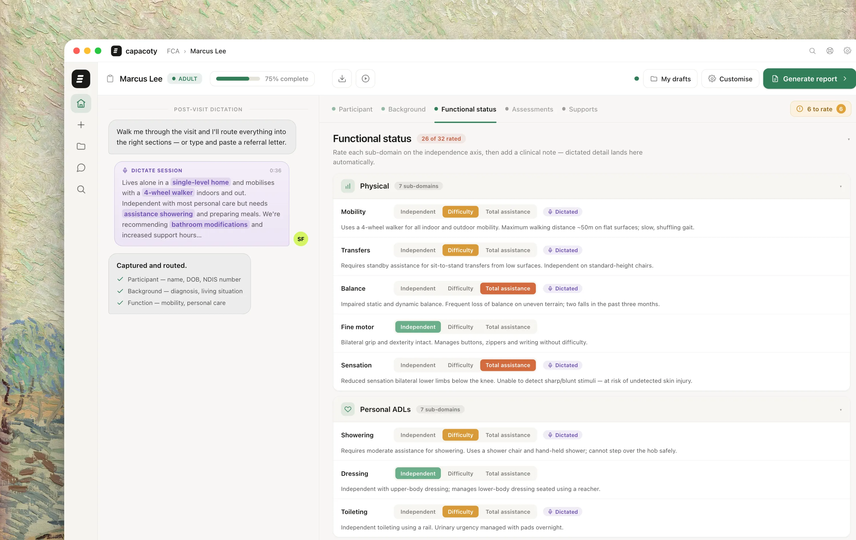 Capacoty's FCA functional-status screen: mobility, transfers, balance and personal ADLs each marked with a level of assistance