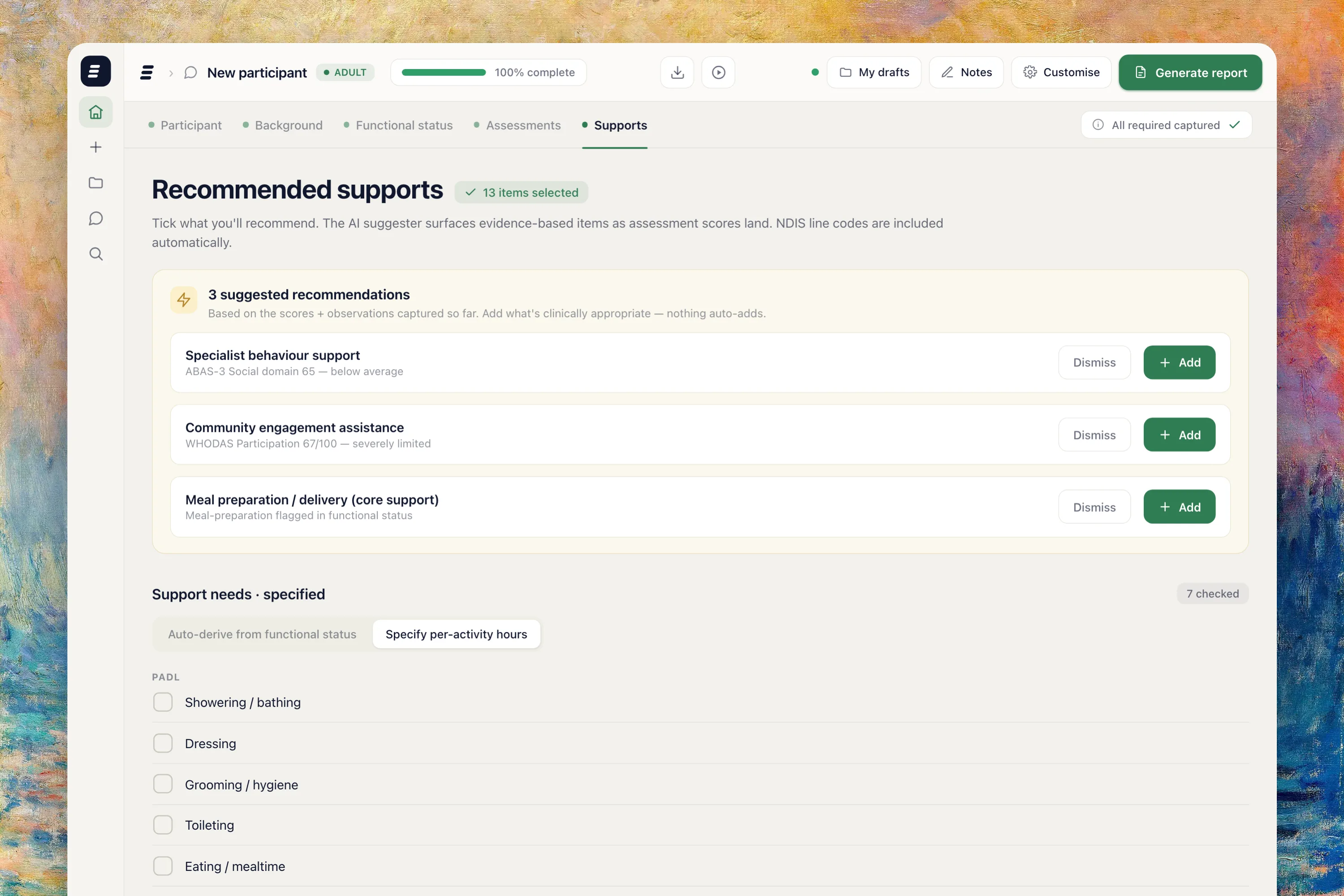 Capacoty calculating weekly support hours (ADL, community access and overnight) for an FCA