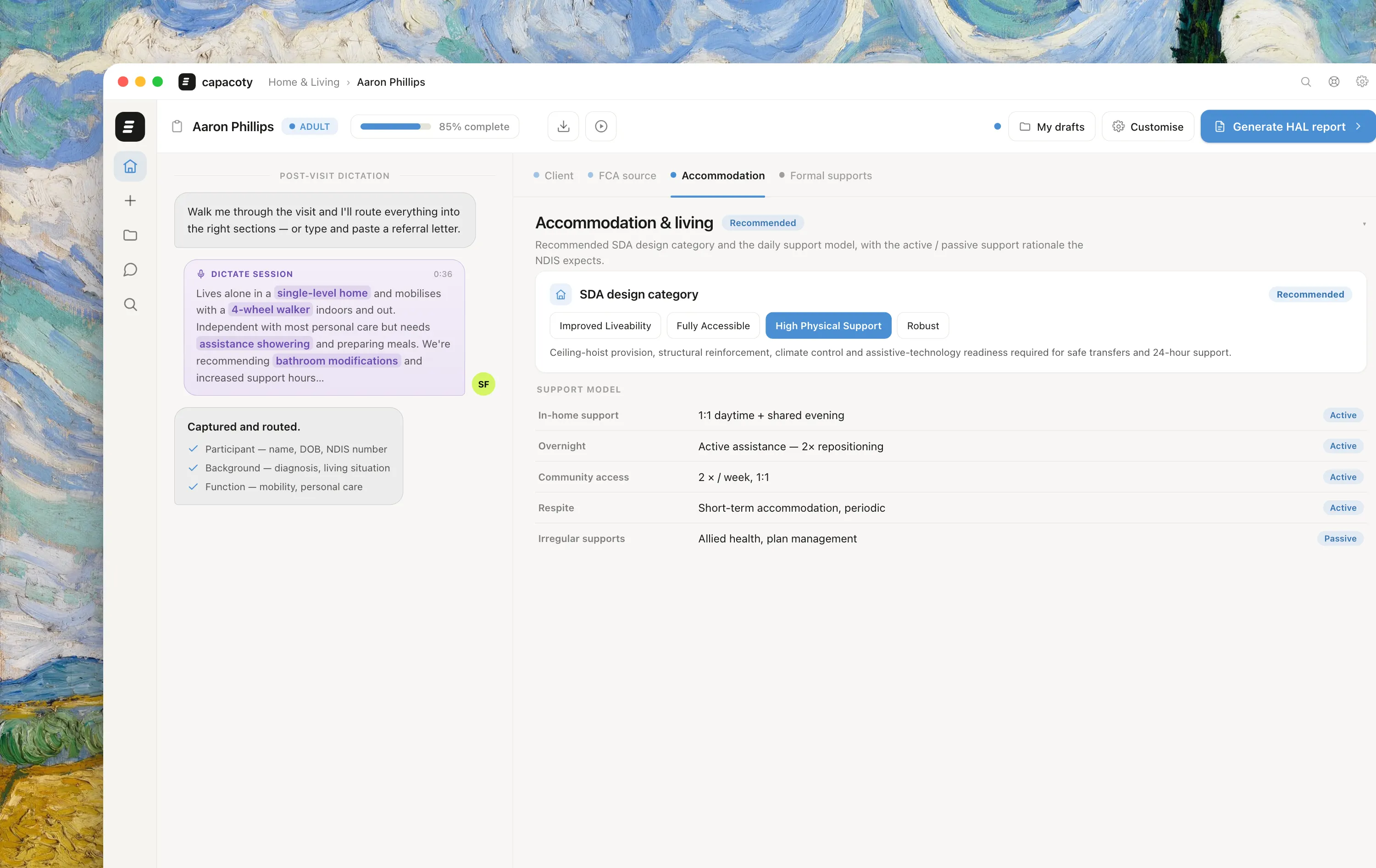 Capacoty's HAL housing-recommendations screen: SDA, SIL, ILO and other accommodation types each marked applicable or not with a clinical justification