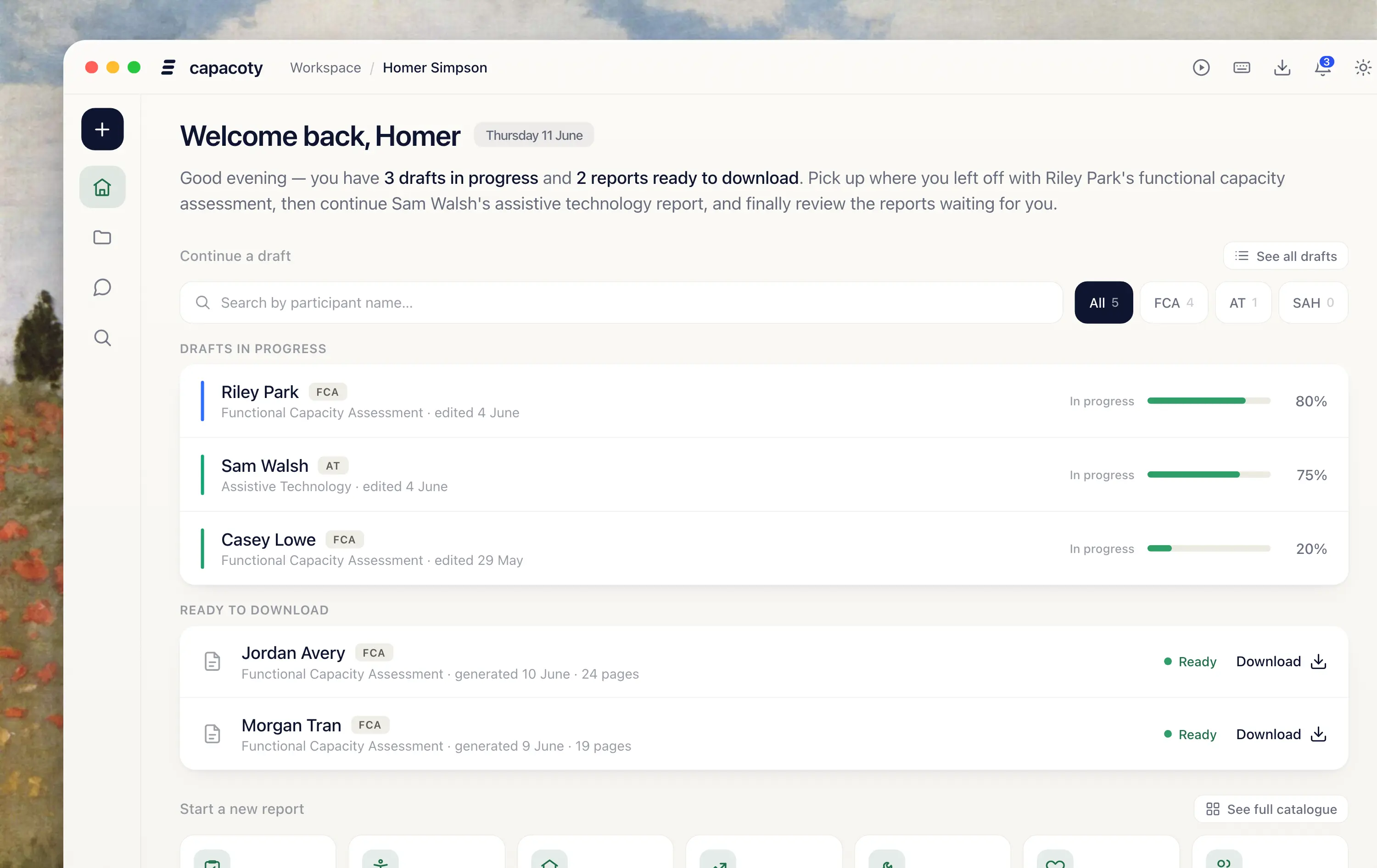 The Capacoty workspace showing report tools, drafts in progress and reports ready to download