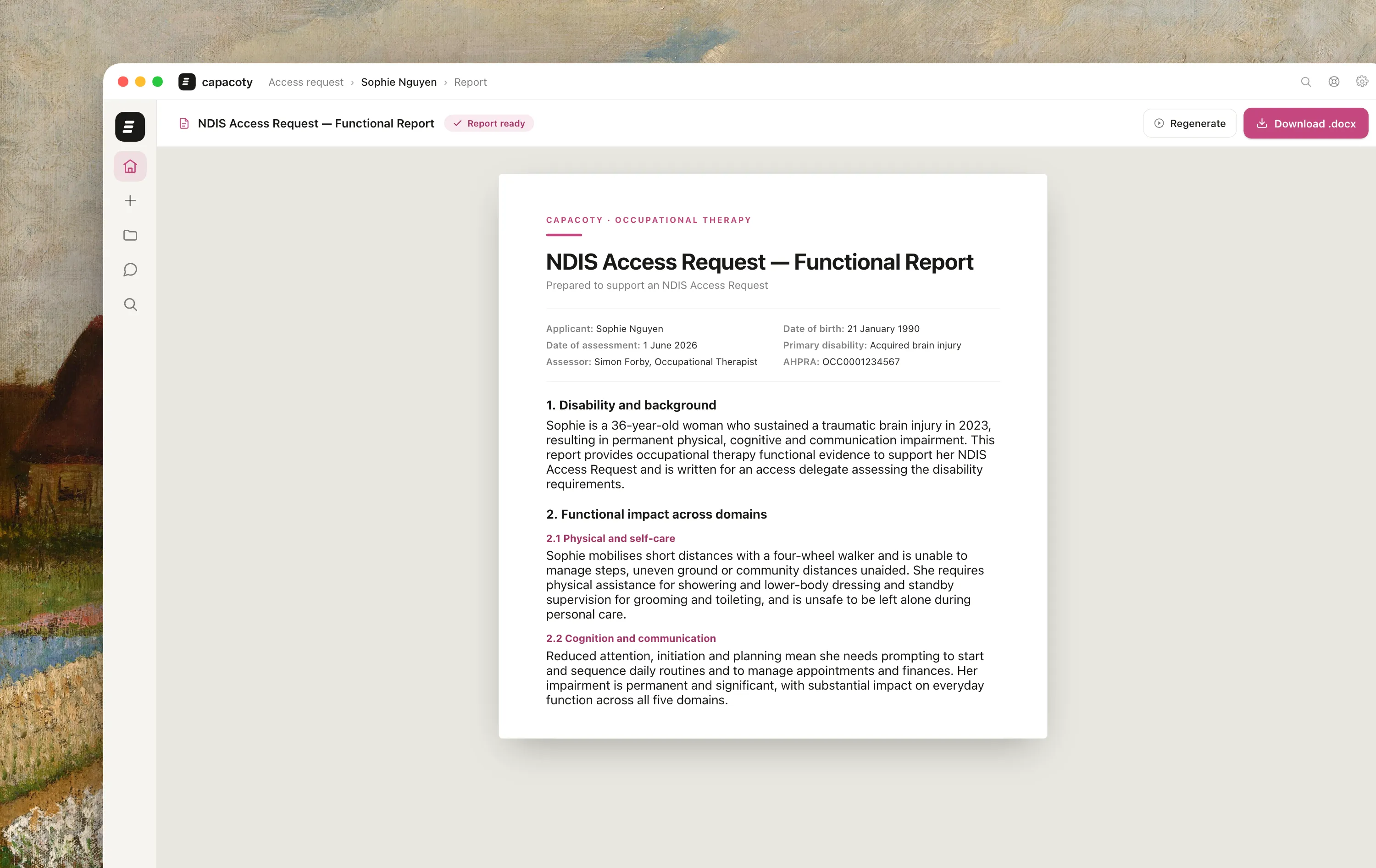 A finished Capacoty NDIS Access Request report ready to download as an editable Word document