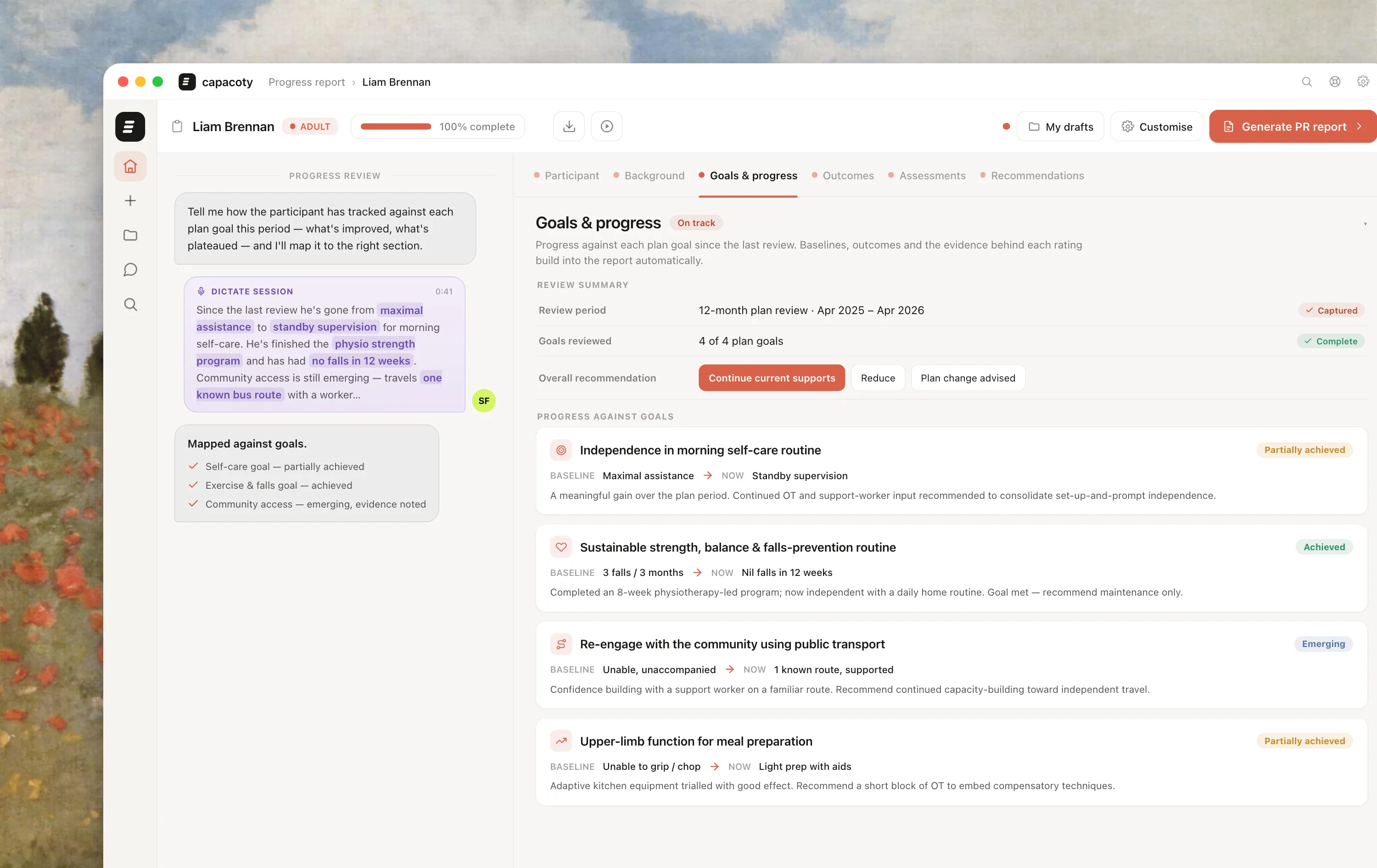 Capacoty's Progress Report screen: prior-plan goals each tagged Achieved, Partial, Not Achieved or No Longer Relevant against the reporting period