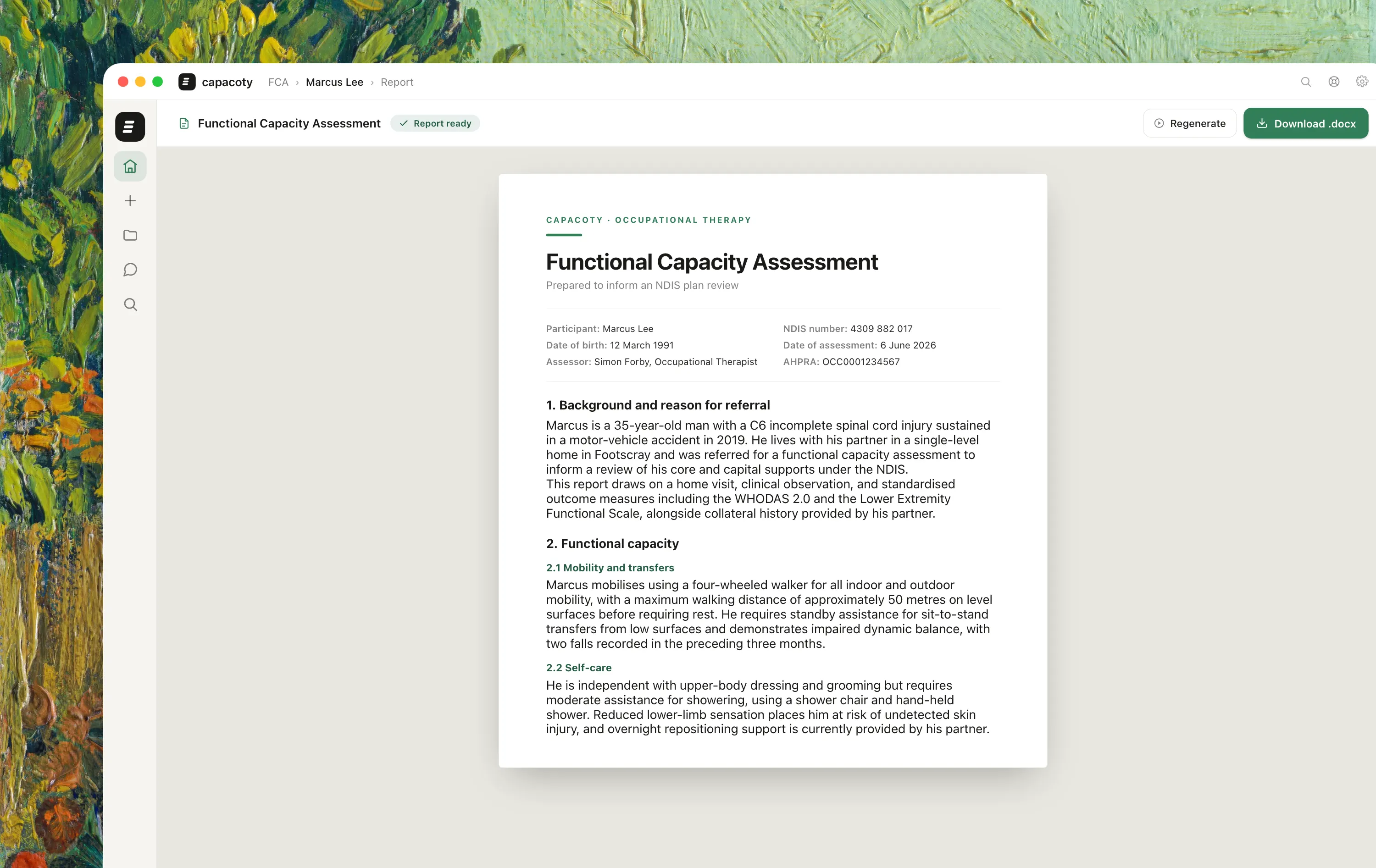 A finished Capacoty Functional Capacity Assessment report ready to download as an editable Word document