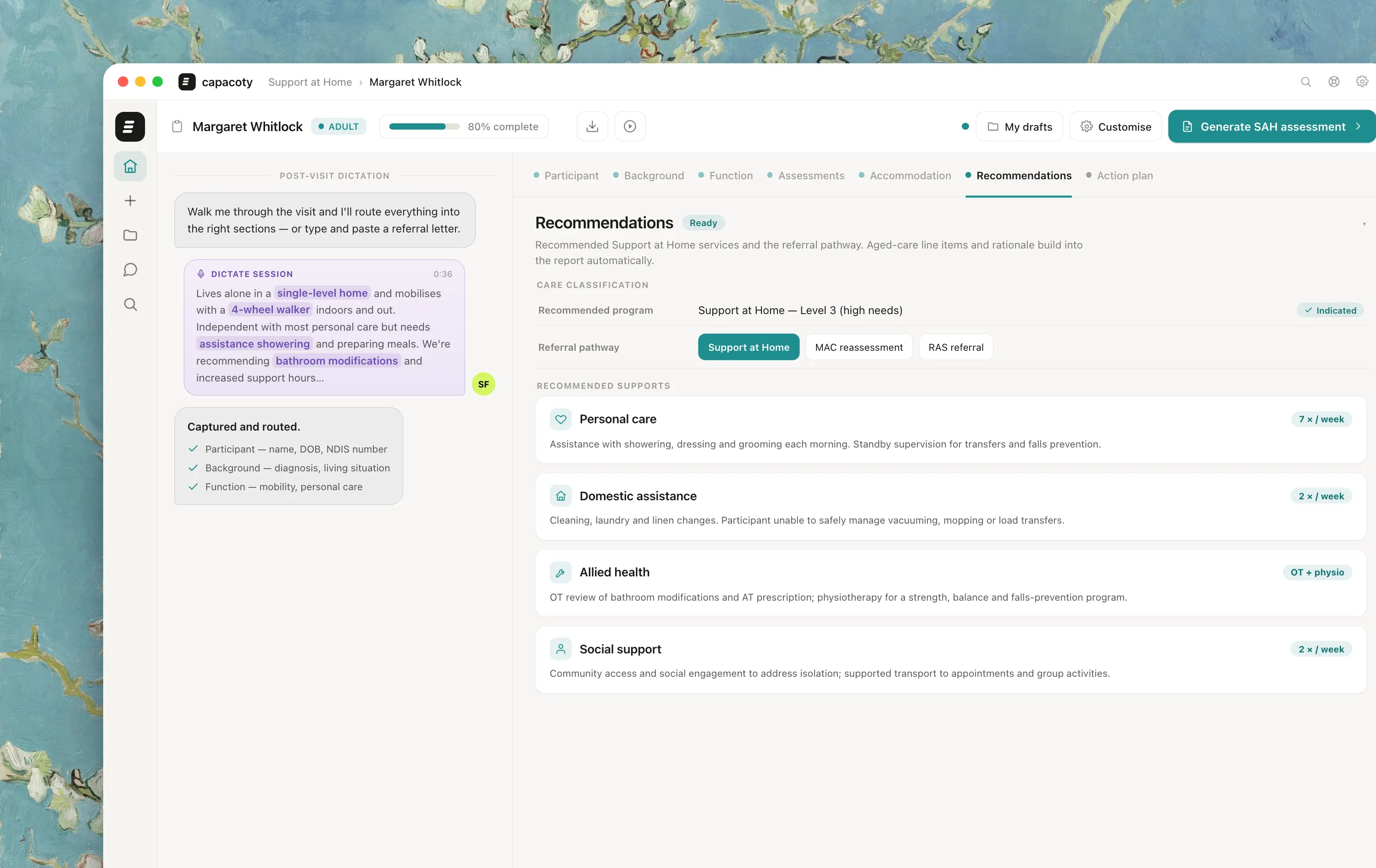 Capacoty's Support at Home recommendations screen: services, AT and home mods each mapped to an SAH service category in aged-care voice