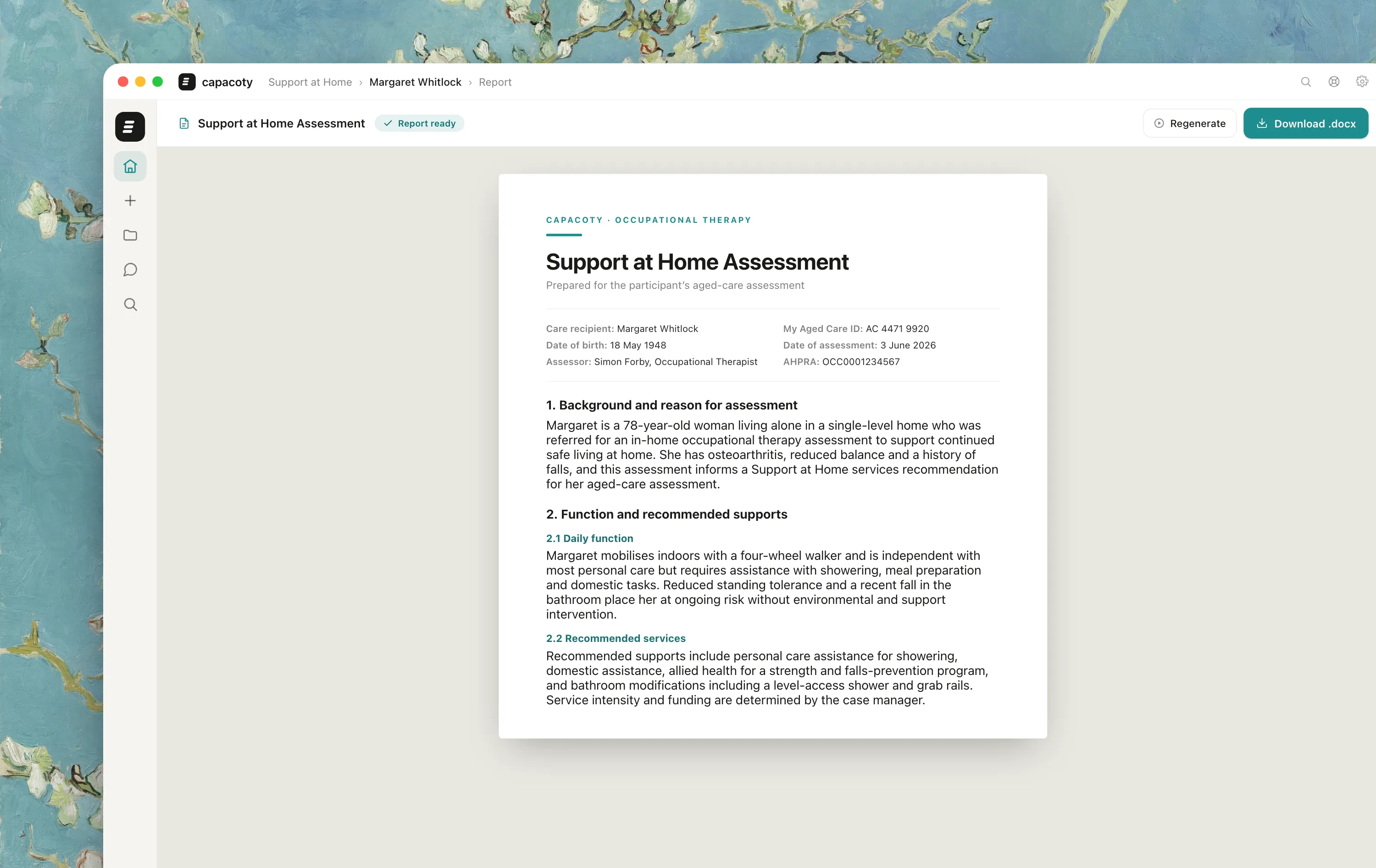 A finished Capacoty Support at Home OT assessment report ready to download as an editable Word document